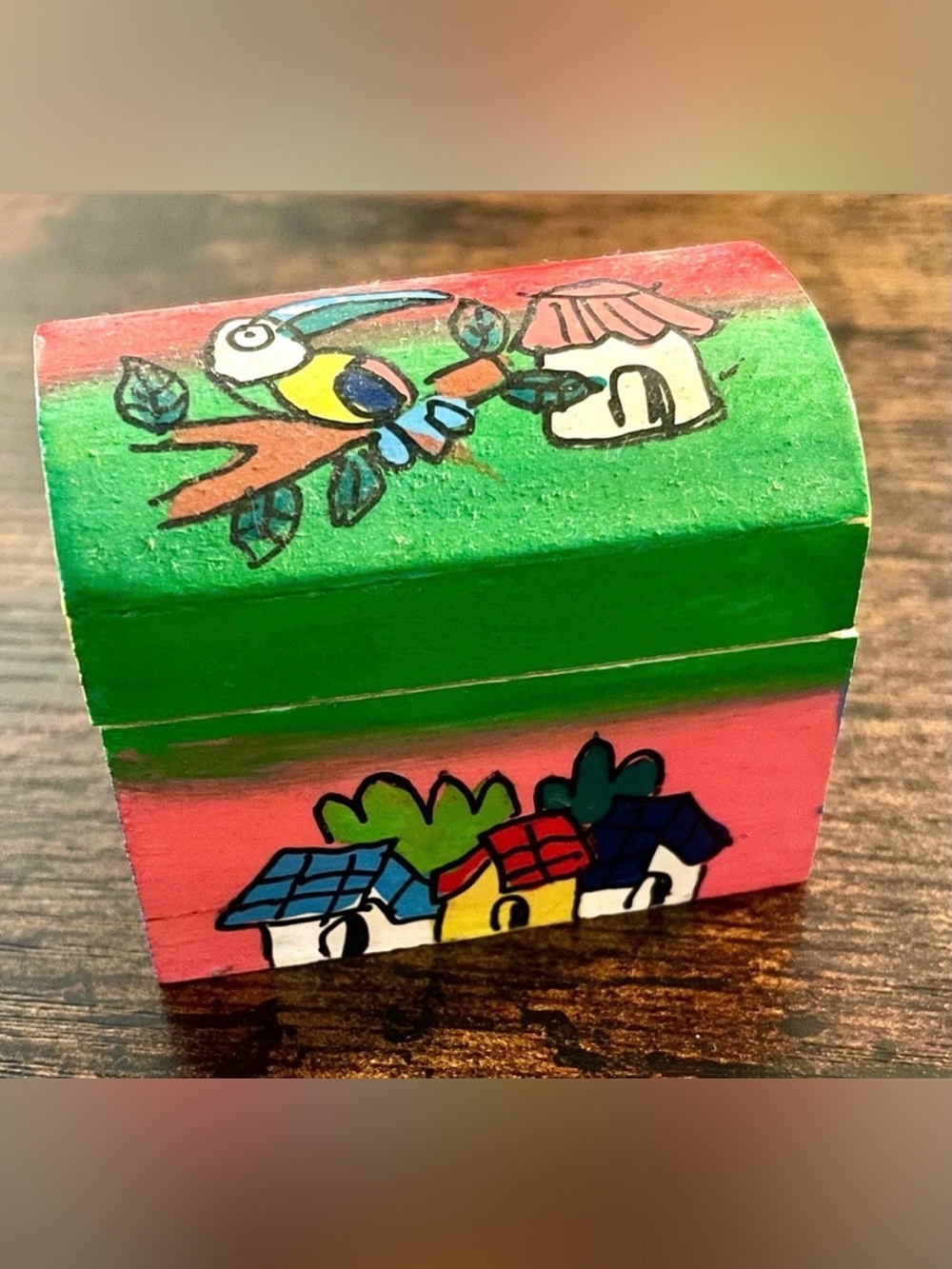 El Salvador Hand Painted Wooden Trinket Box | Folk Art Toucan Houses 2”